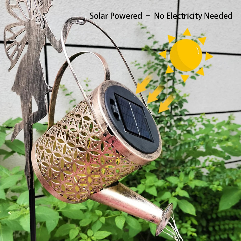 arrosoir lumineux solaire doré motifs floraux tringle noire led moderne jardinextérieur