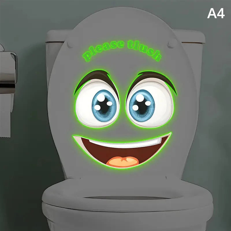 stickers toilette visage souriant yeux grands ouverts cartoon lumineux adhésifs salle bain bleu blanc