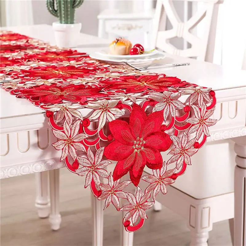 chemin table brodé noël fleurs poinsettia rouge blanc festif voile table runner decoration festive
