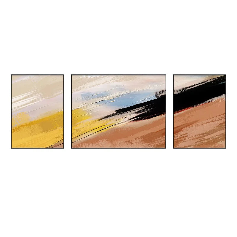 tableau abstrait peinture l'huile contemporain minimaliste jaune blanc bleu noir orange lignes horizontales triptyque