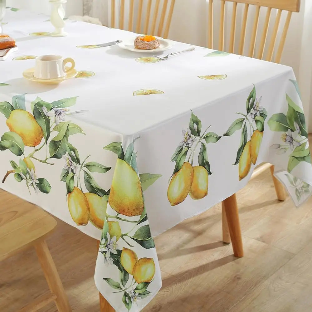nappe imperméable citron feuilles vertes fond blanc moderne printemps été rectangle réutilisable polyester maison