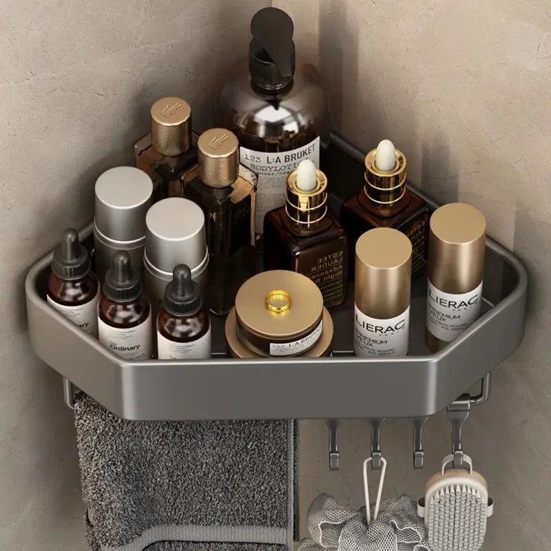 étagère salle bain moderne adhésive métal gris plat niveaux crochets rangement góc