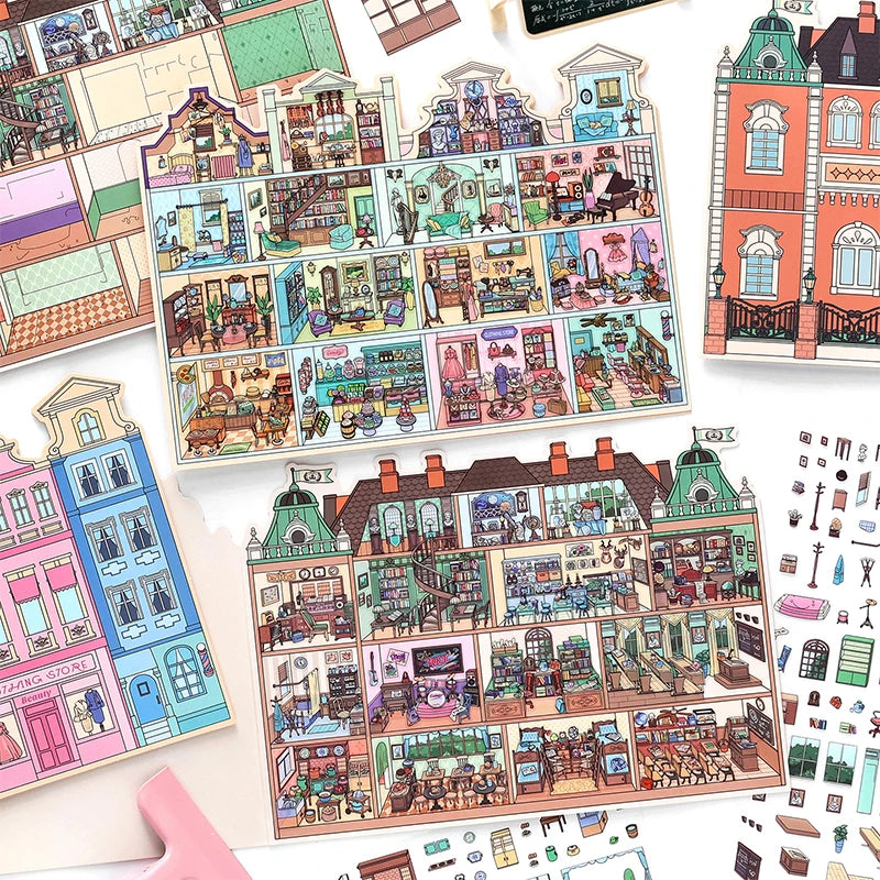 puzzle multicolore art deco détails bâtiments adhésif pièces boite rangement lunettes