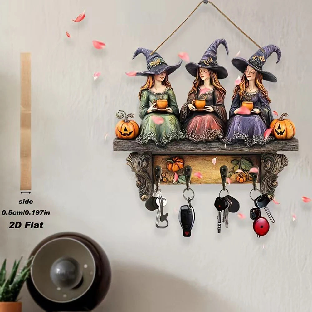 étagère murale décorative sorcières motifs automne couleurs vives halloween clés