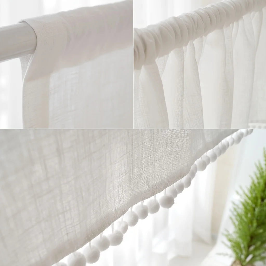 rideau blanc tissu lin pompons moderne rustique fenêtre 100x45cm 132x45cm 132x61cm