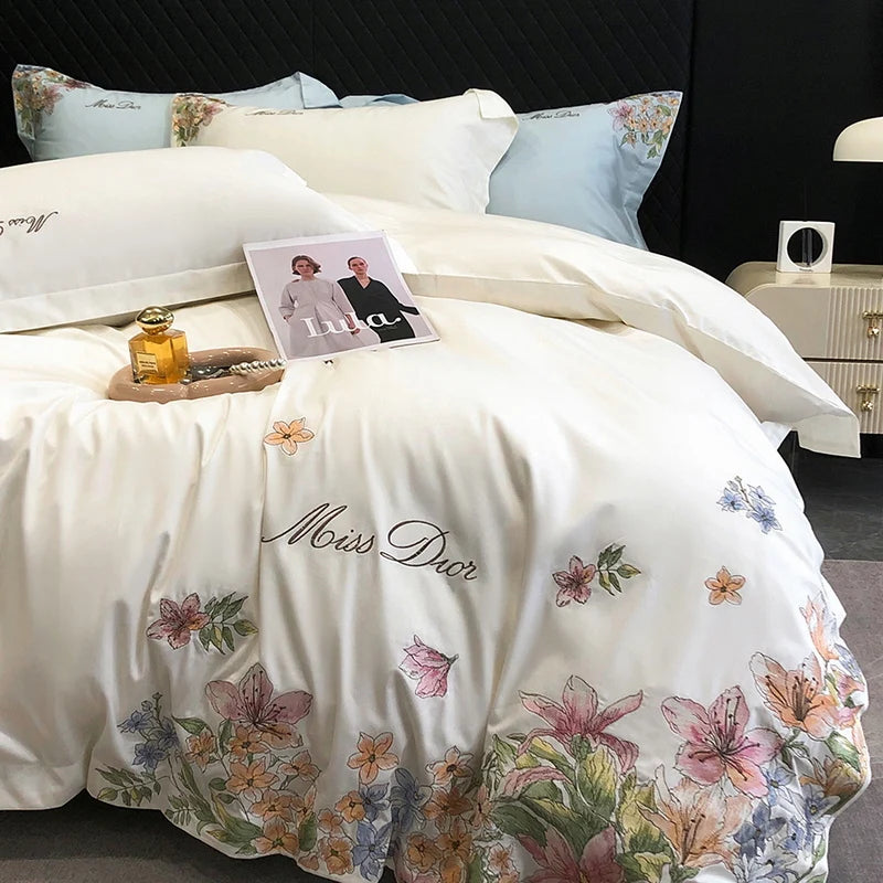 Parure de lit en coton égyptien brodée de fleurs blanc 160x200