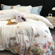 Parure de lit en coton égyptien brodée fleurs - Housse de couette 160x200 blanc luxe