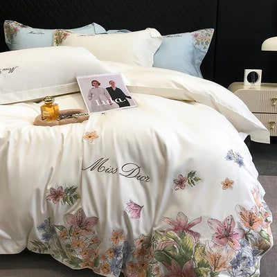 Parure de lit en coton égyptien brodée de fleurs blanc 160x200