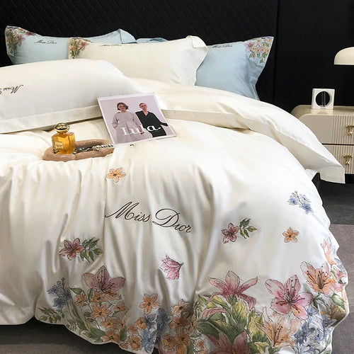 Parure de lit en coton égyptien brodée de fleurs blanc 160x200