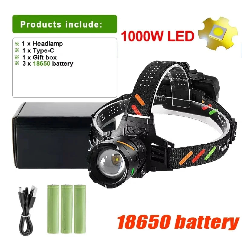 lampe frontale rechargeable led noir vert tissu points couleur chargeur type batteries 18650