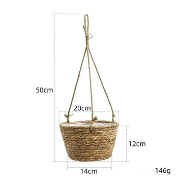 panier suspendu marron clair tissé fibres naturelles rustique plante intérieur extérieur cordelette décoration fleurs