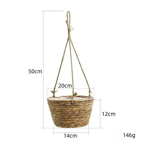 panier suspendu marron clair tissé fibres naturelles rustique plante intérieur extérieur cordelette décoration fleurs