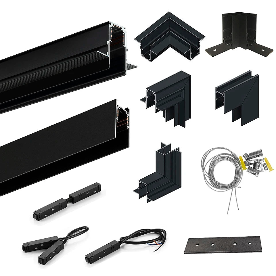 rail led magnétique noir mètres connecteurs d'angle clips fixation moderne