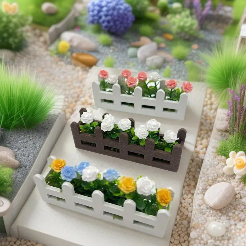 décoration miniature cache pot fleurs artificielles blanc rose bleu marron jardin