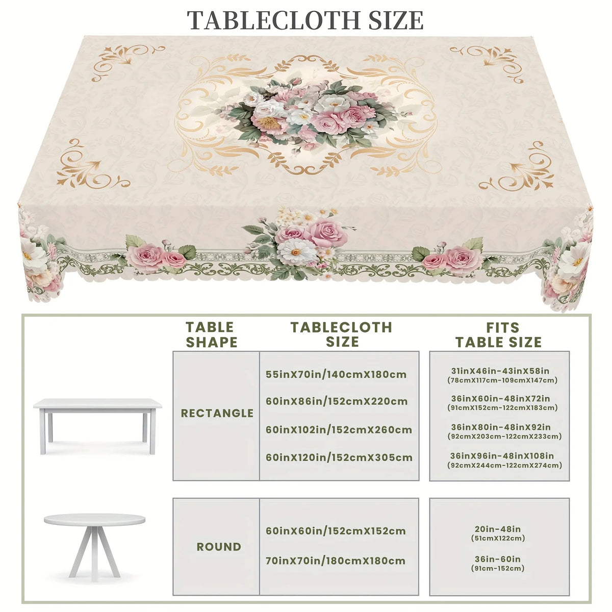 nappe table fleurs roses pivoines feuillage classique beige doré romantique polyester moderne