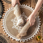 serviettes table boho chic brodées franges beige blanches table rond 38cm lavables