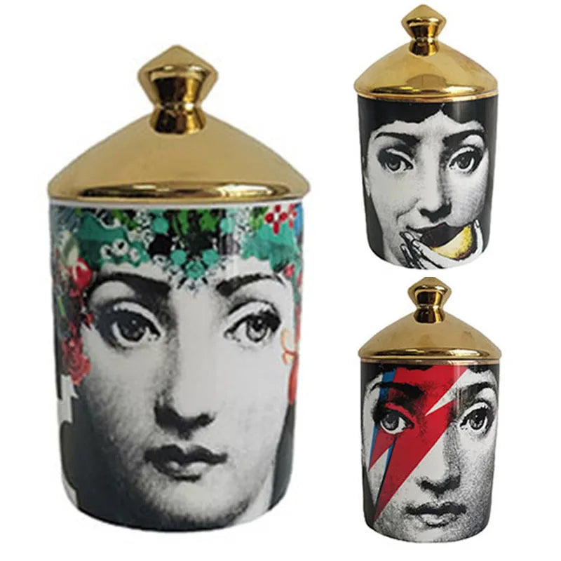 boîtes bougies parfumées art déco moderne vintage illustrations visages géométriques 350ml