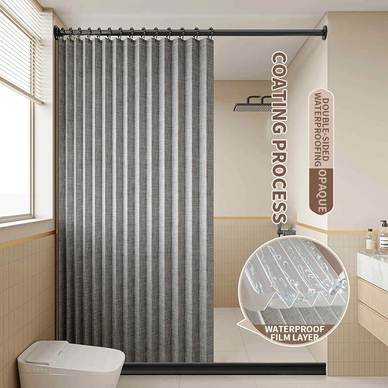 rideau douche moderne rayures verticales beige clair gris foncé opacité toilette apartment decoration