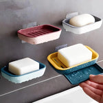 support savon moderne bleu jaune velcro drainage plateau rangement rose gris texture granulée