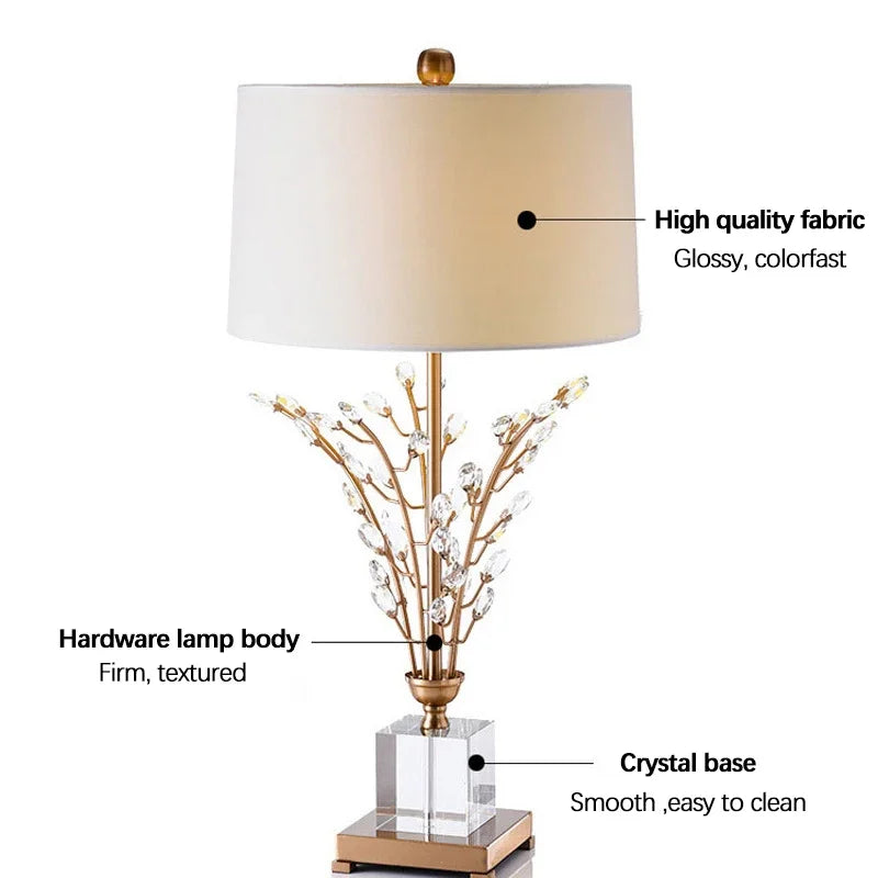 lampe table moderne or beige branches décoratives nordique base cristal 45x76cm led contemporaine