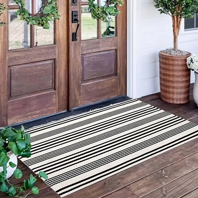 tapis sol moderne rayures horizontales noir blanc rose orange résistant antidérapant extérieur machine