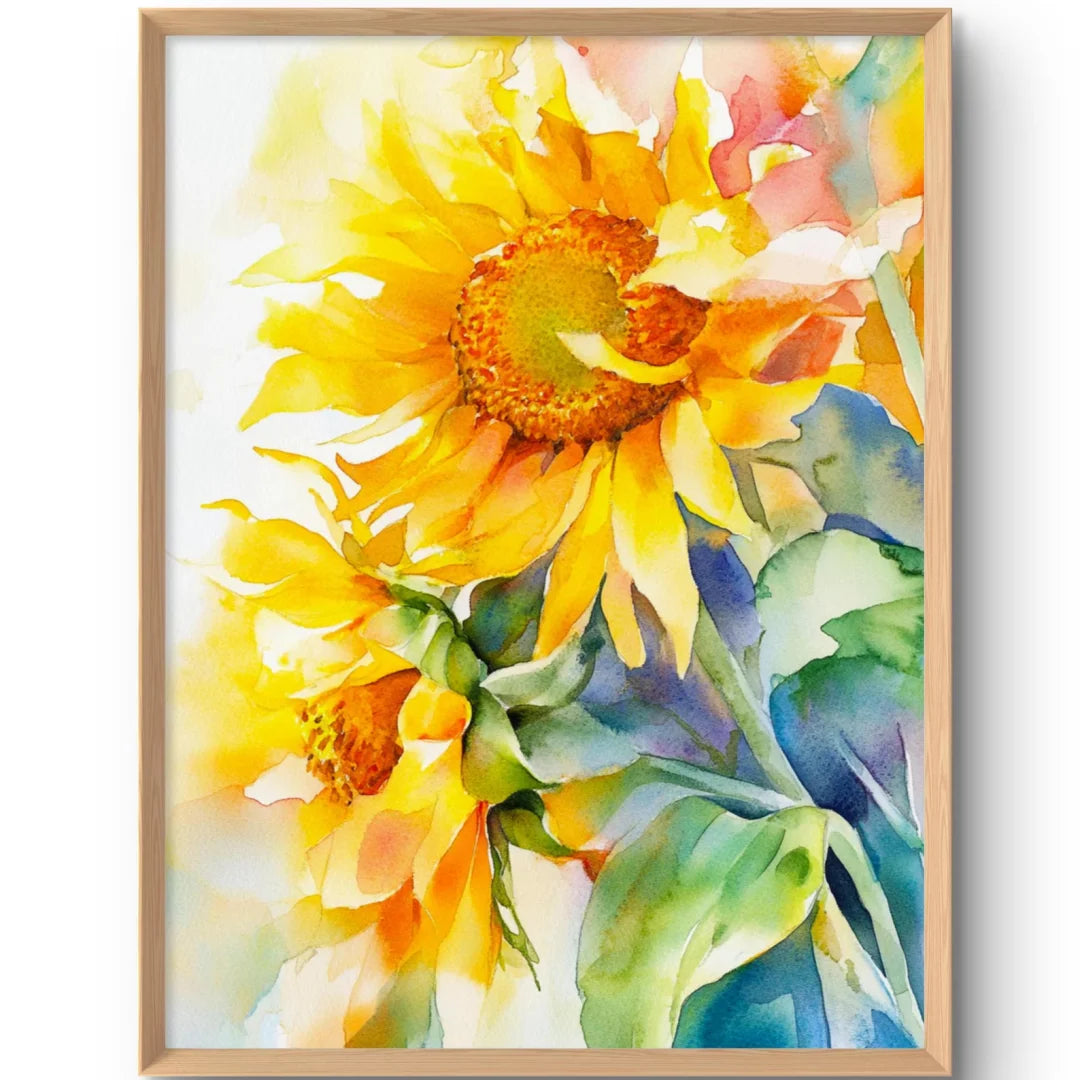 impression toile aquarelle fleurs tournesol floral decoratif couleur jaune orange vert bleu blanc opaque