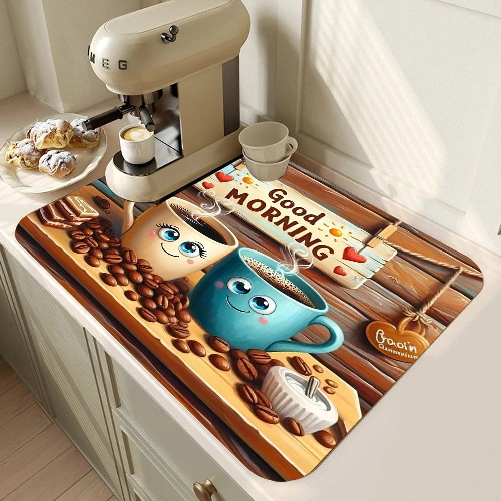 tapis cuisine absorbant gris motif machine espresso antidérapant étanche évier moderne