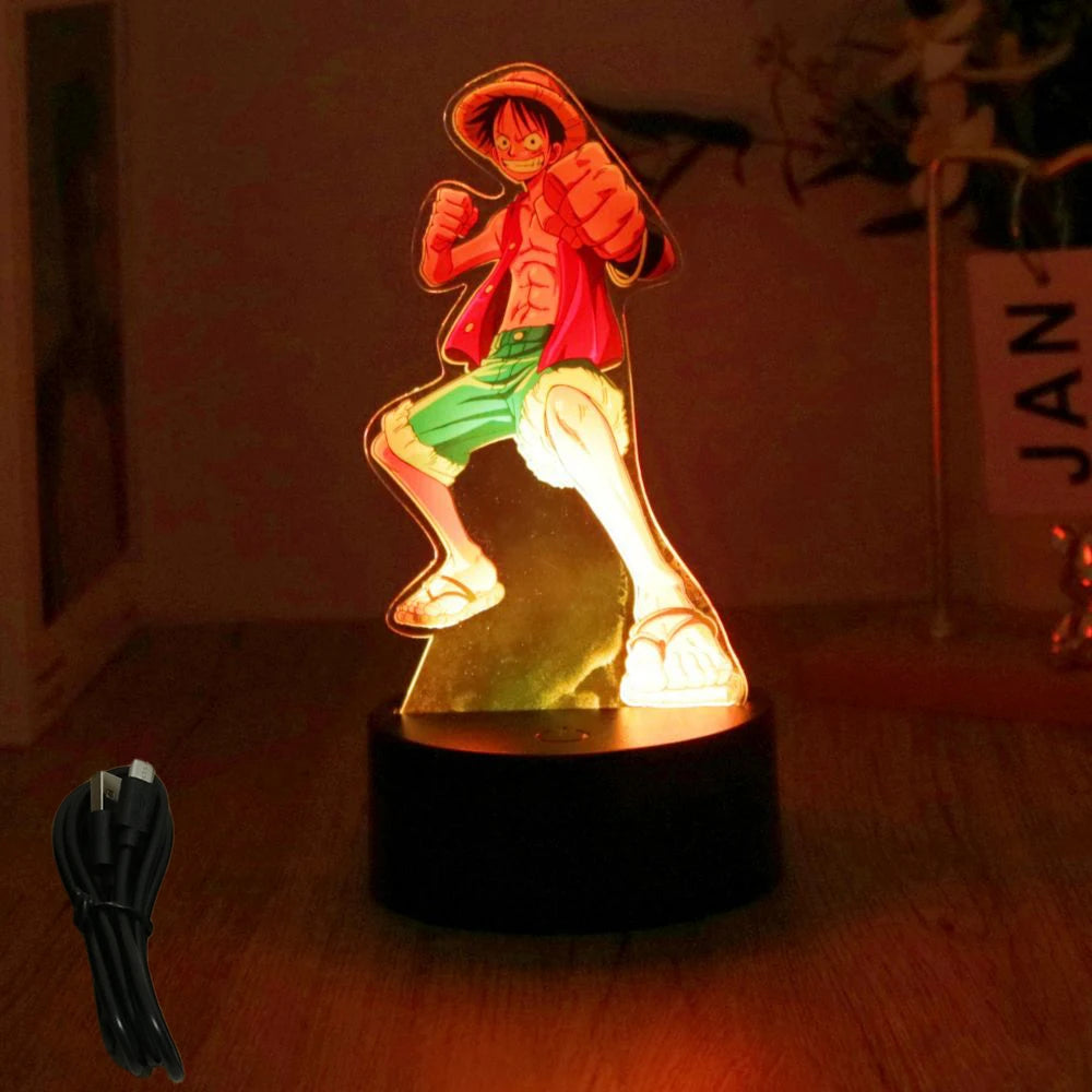 lampe led 3d anime luffy zorro cracked surface télécommande câble usb nocturne rouge vert