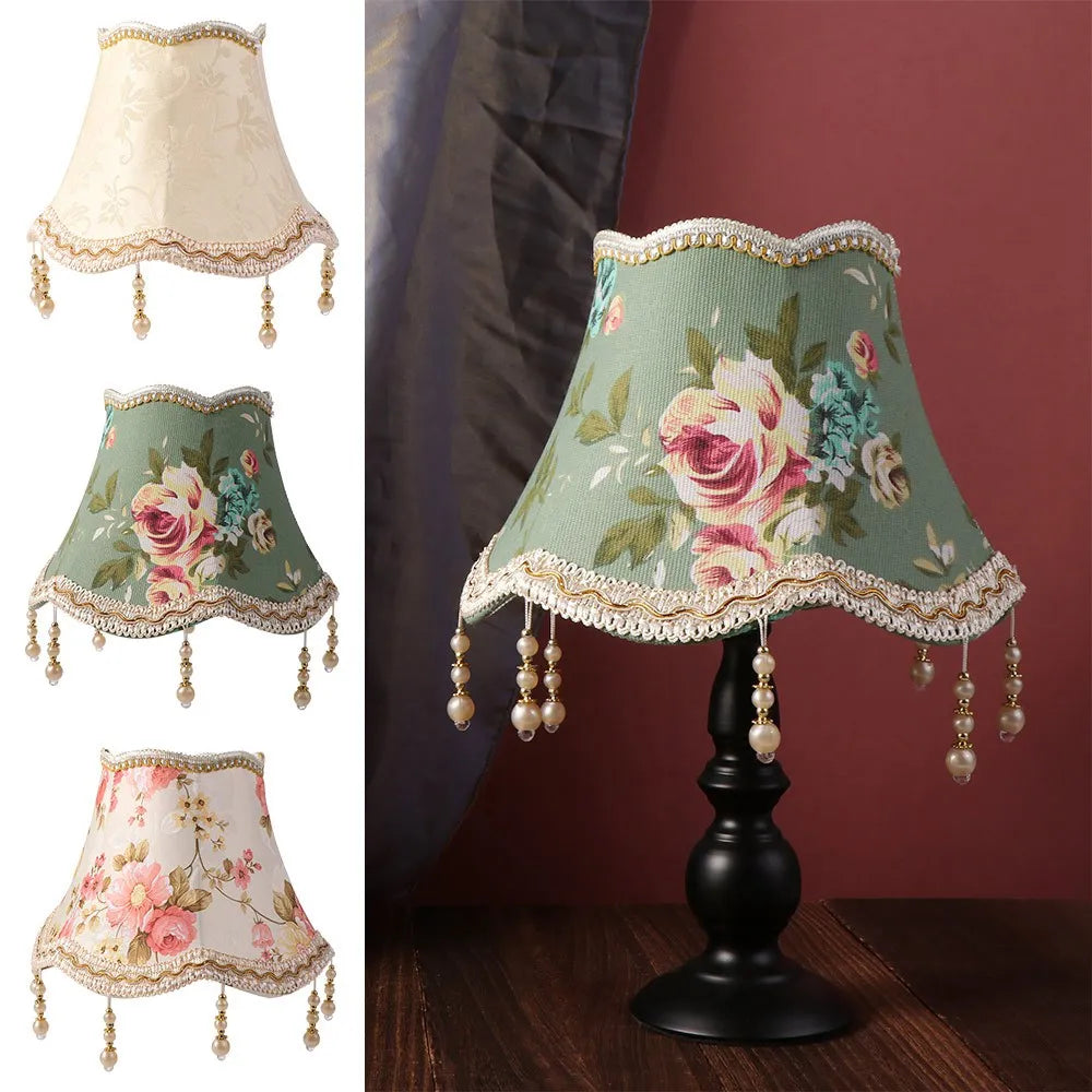 abat jour table vintage floral beige vert blanc motif texturé semi translucideFRINGESperlées