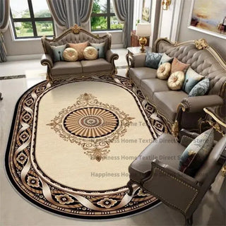 tapis ovale géométrique doux motifs floraux beige marron noir texture sophistiquée décoration intérieure polyester