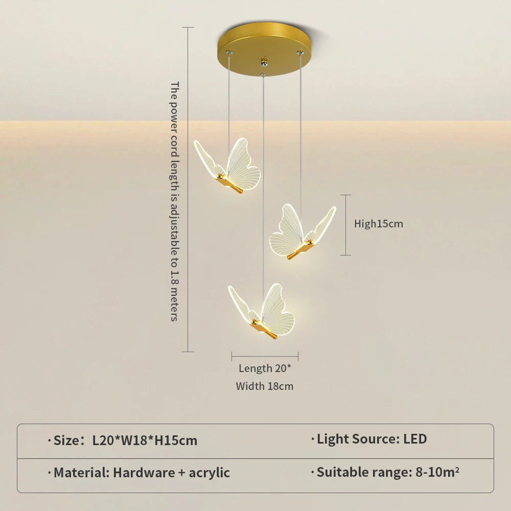 Suspension lumineuse papillon moderne acrylique transparente LED blanc doré chambre salon