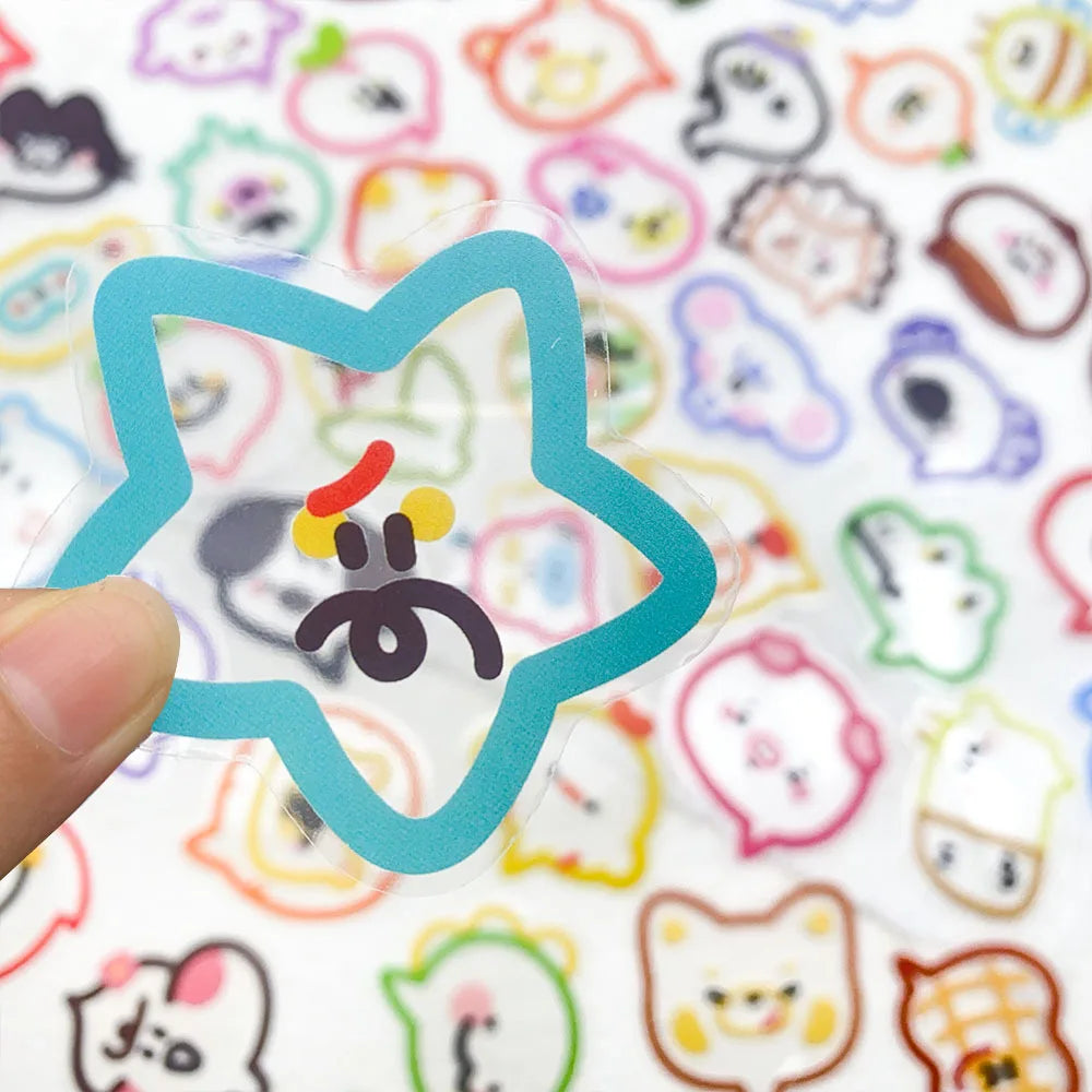 autocollants multicolores dessins animés sourires formes géométriques cartoon adhésif 50 pièces étiquettes transparentes amusantes