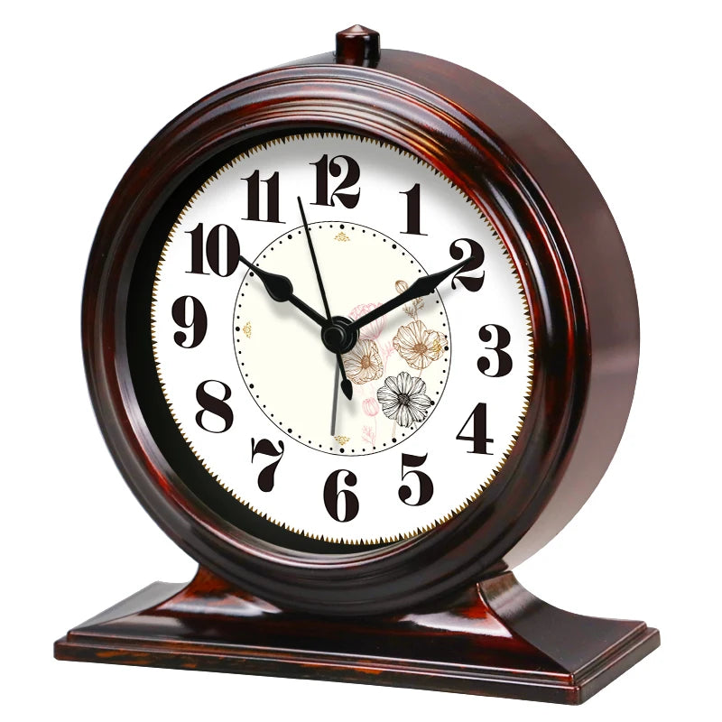 horloge table classique quartz aiguille brun foncé cadre bois chiffres romains transparent verre vintage