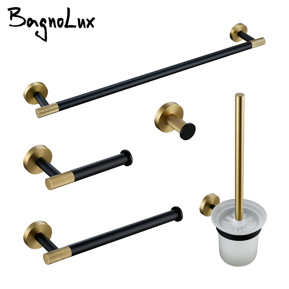 accessoires salle bains porte serviettes moderne porte savon noir doré texture moletée fixations élégants