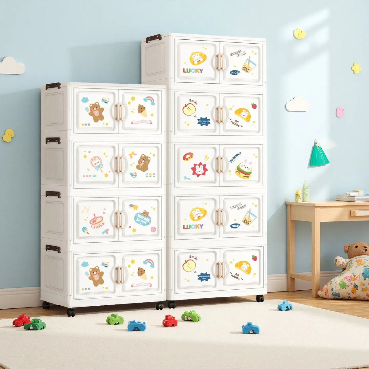 organisateur vêtements armoire tiroirs dessins animés ours lapins moderne blanc roulettes pliable chambre salon