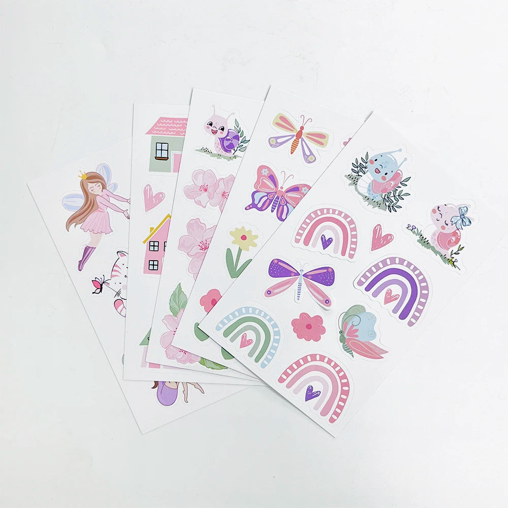 sticker adhésif dessin animé fleurs papillons coeurs maison insectes rose violet vert blanc