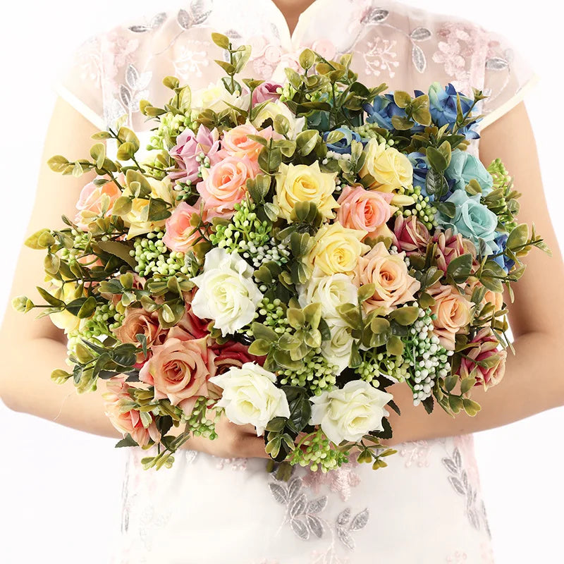 fleurs artificielles bouquet rose blancs bleus vertes mariage romantique intérieur extérieur