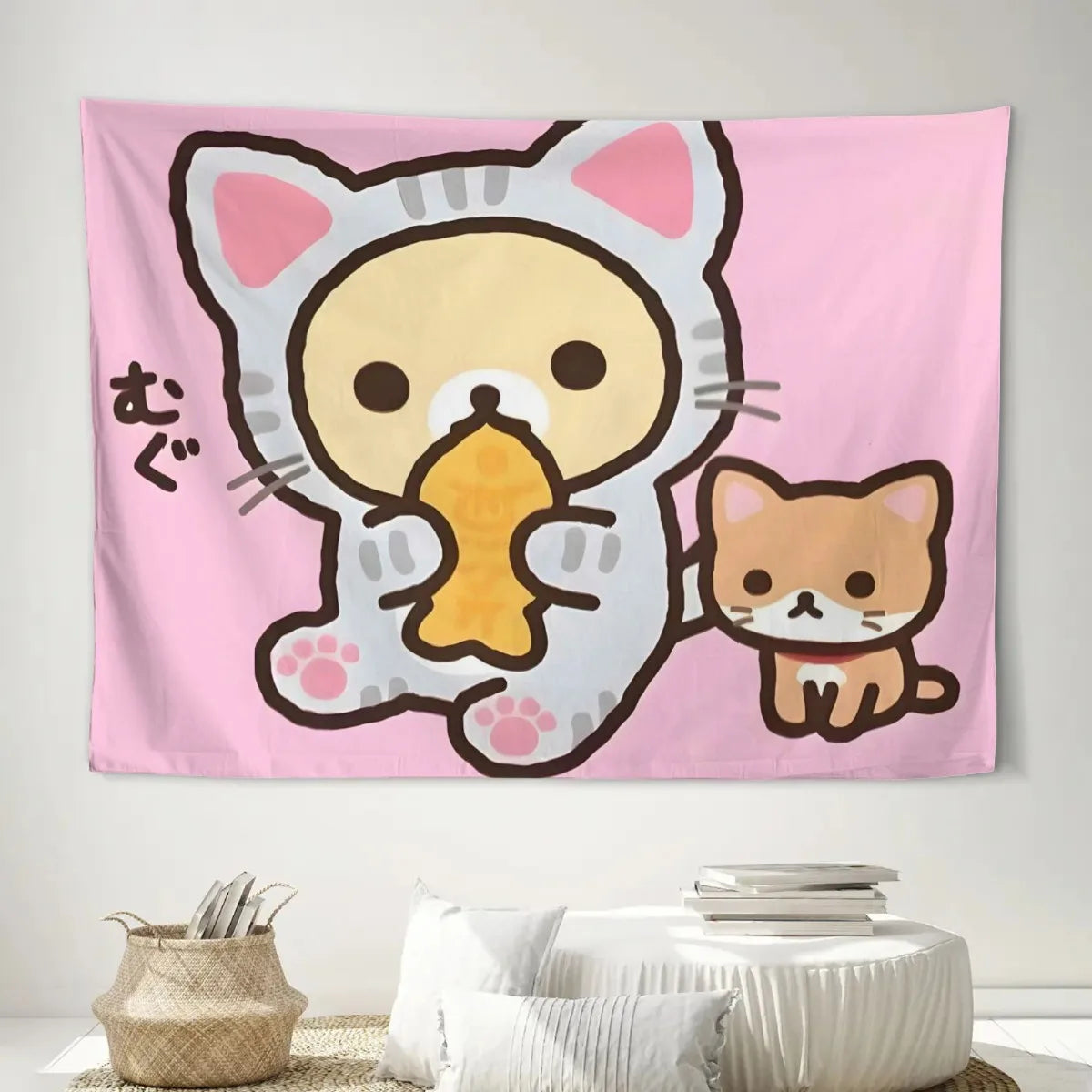 tapisserie murale chat dessin animé moderne rose clair tissu polyestère lavable chambre salon decoration