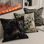 housse coussin jacquard motif forêt tropicale noir vert beige blanc décor maison voiture 45x45cm