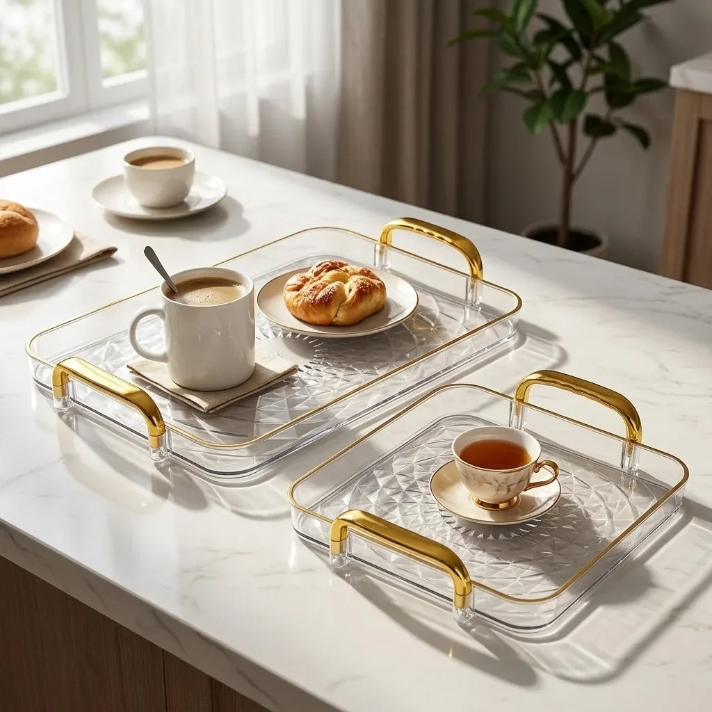 plateau thé transparent texture diamant 3d moderne poignées dorées tasse bol macaron tartine verge