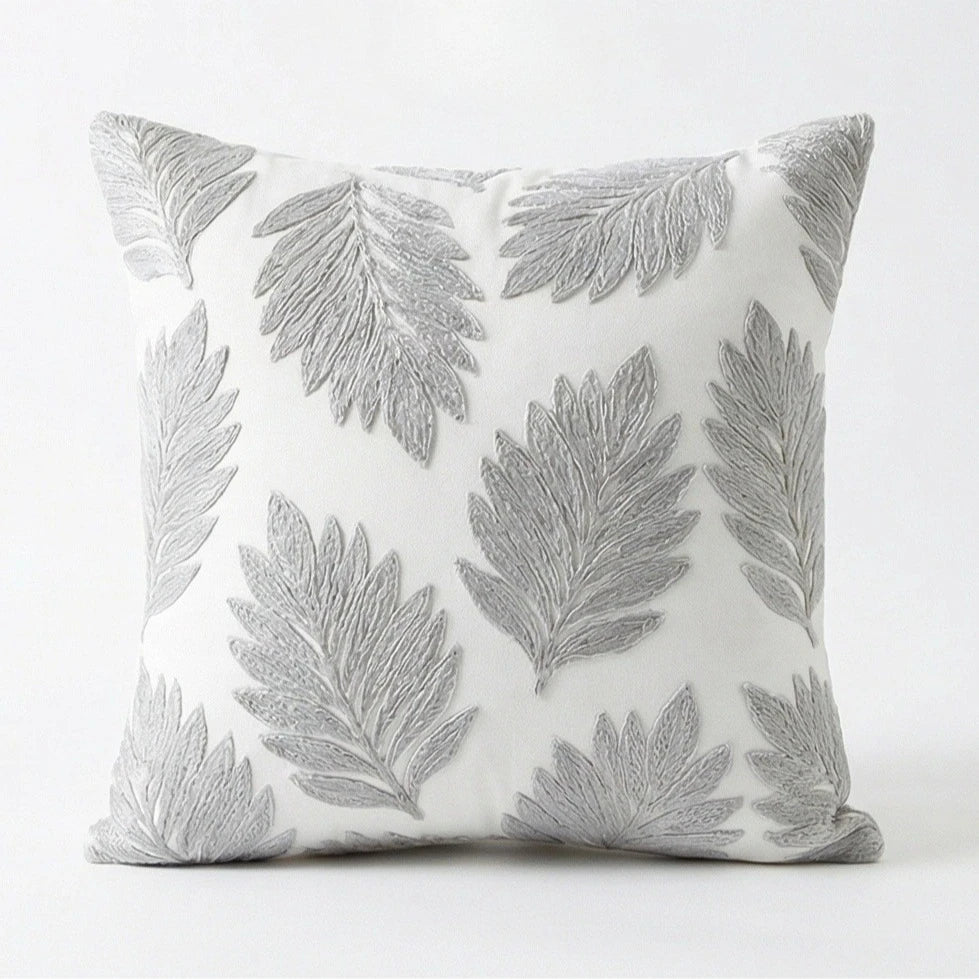 housse coussin brodée motif feuilles moderne coton polyester vert jaune bleu gris 45x45cm