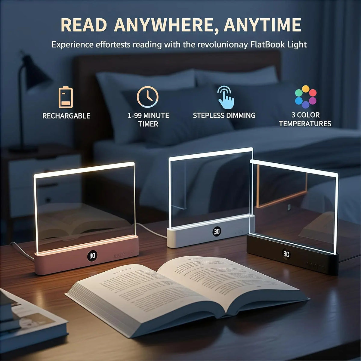 lampe lecture led noir moderne boutons contrôle recharge usb adhésif mat