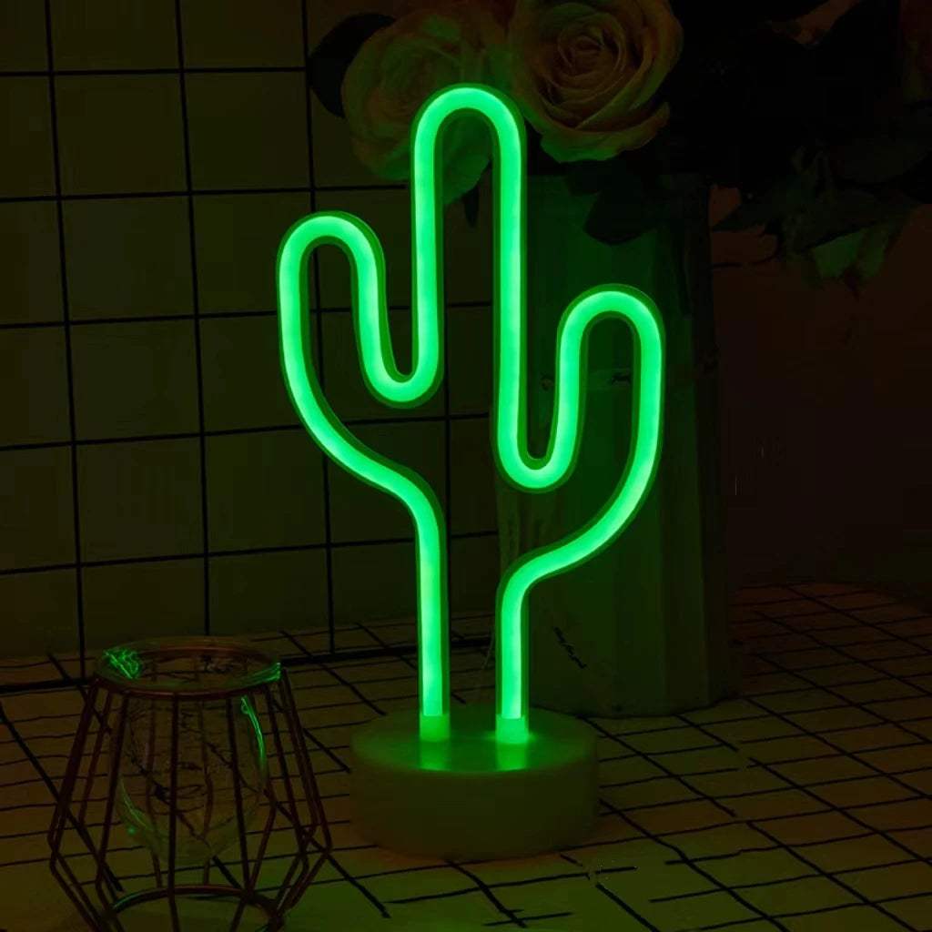 lampe néon cactus verte moderne minimaliste alimentée usb batterie lumière ambiance chambre entrée