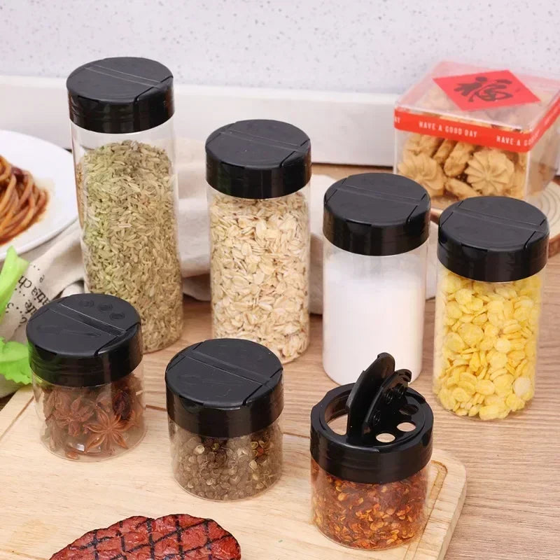 bouteille épices transparente plastique noir rangement condiments cuisine moderne pot assaisonnement poudre liquide liquide