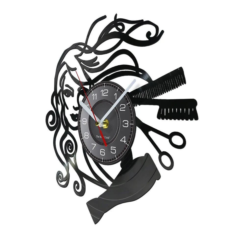 horloge murale noire cheveux stylisés peigne ciseaux serviette moderne salon quartz