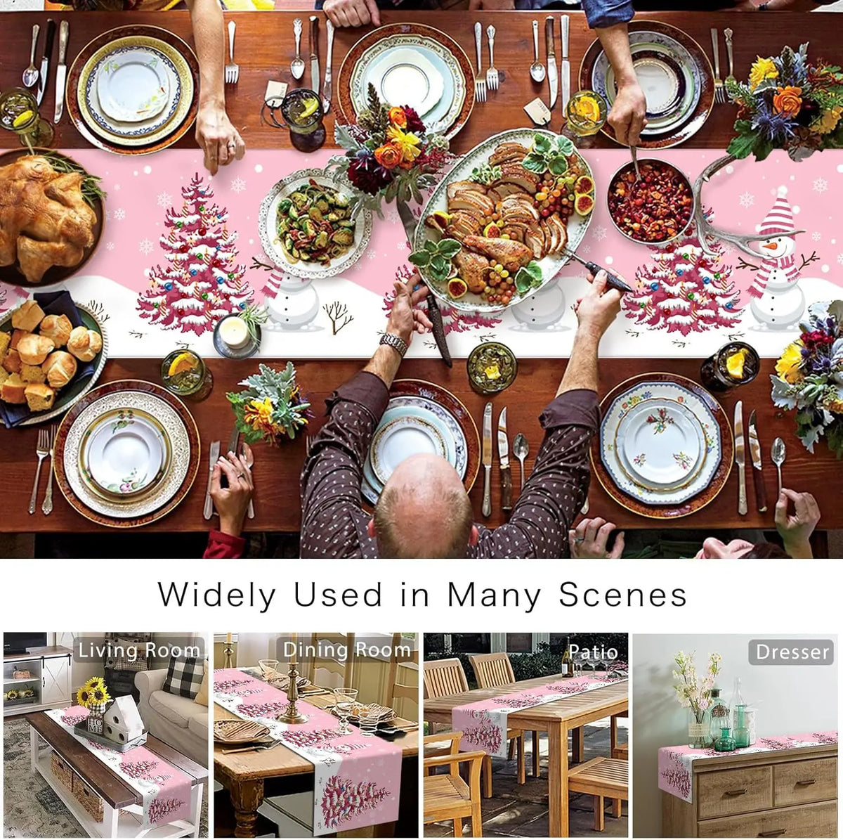 Ce texte de remplacement SEO en français décrit une table richement garnie de plats et de décors de Noël, ainsi que des scènes montrant ce motif décoratif utilisé dans différentes pièces de la maison, comme le salon, la salle à manger, le patio et la commode.