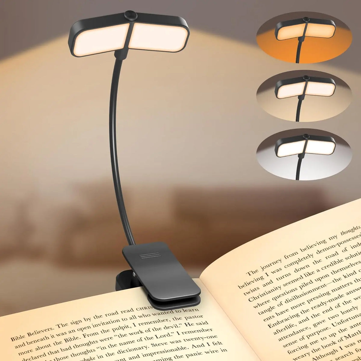 lampe lecture rechargeable led noir minimaliste gradation luminosité clip fixe modernisée