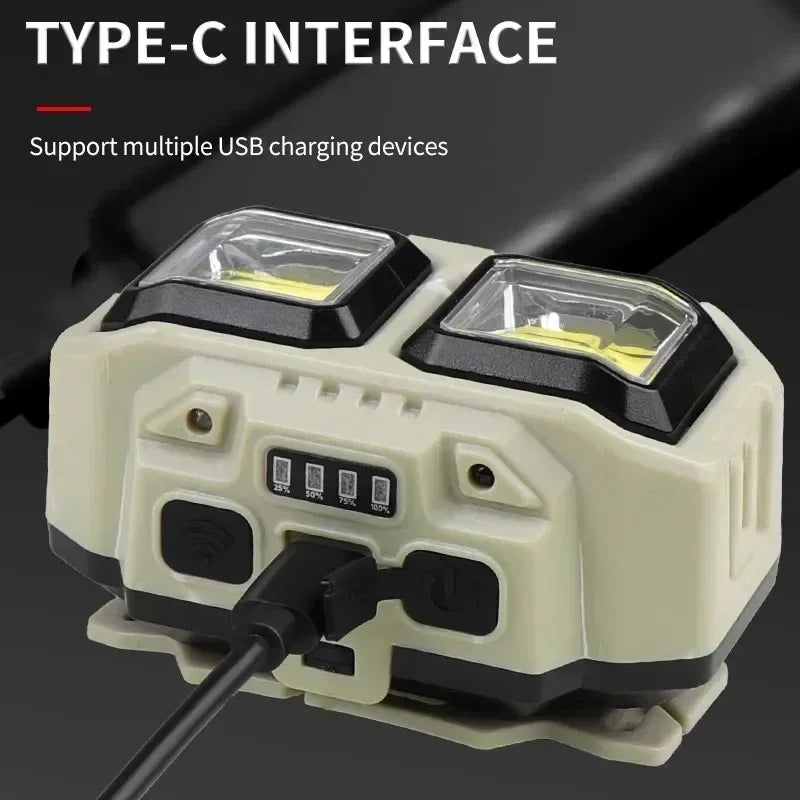 lampe frontale led beige noir tissu points noirs charge type batterie interrupteur indications niveau