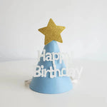 chapeau anniversaire enfant rayures pompon chiffres decoratif festif adhésif blanc marron bleu orange