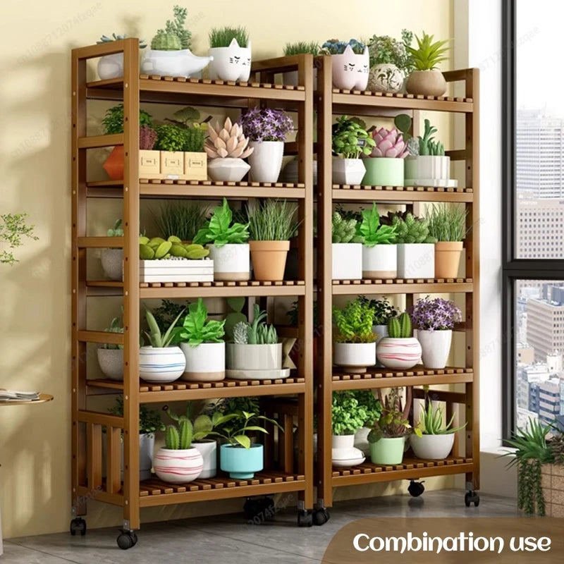 présentoir vertical étagère fleurs mobile bois naturel lattes horizontales moderne 10 niveaux roulettes balconintérieur